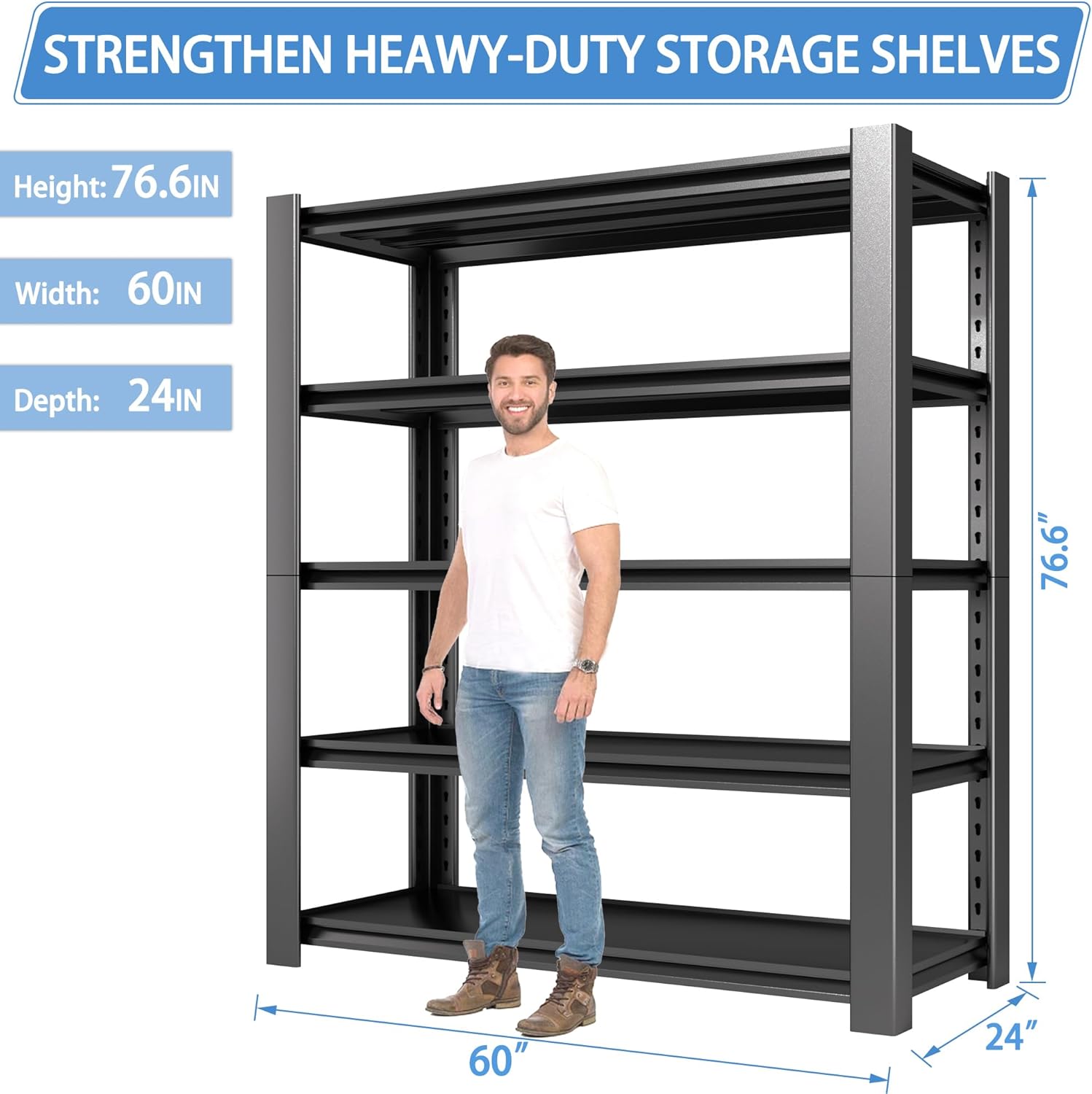 5-Tier Garage Shelving Heavy Duty, 3000 LBS Capacity Metal Storage Rack 24" D x 60" W x 76" H, Adjustable Steel Shelves Unit for Garage, Warehouse, Basement, Pantry, Workshop.1 Pack-VerdiqueGarden