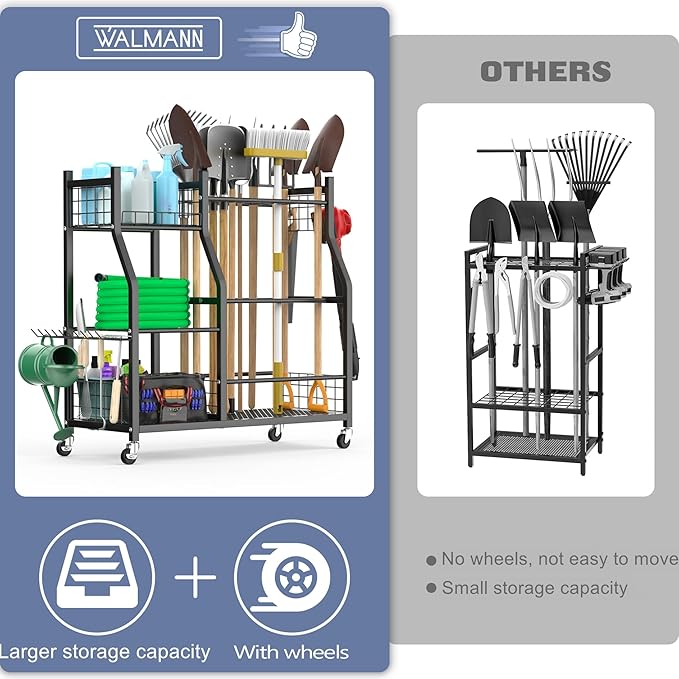 WALMANN Garden Tool Organizer with Wheels for Garage, Large Storage Capacity, Rakes/Shovels/Yard Tools Storage Stand for Shed, Garden, Indoor/Outdoor Long-Handled Tools Rolling Cart-VerdiqueGarden