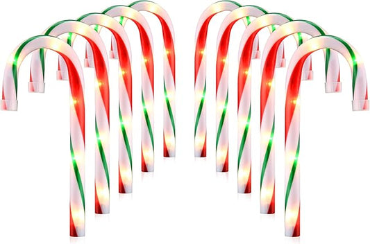 10" Christmas Candy Cane Pathway Lights, Set of 10 Pack Christmas Outdoor Decorations Candy Cane Lights Red & Green-VerdiqueGarden