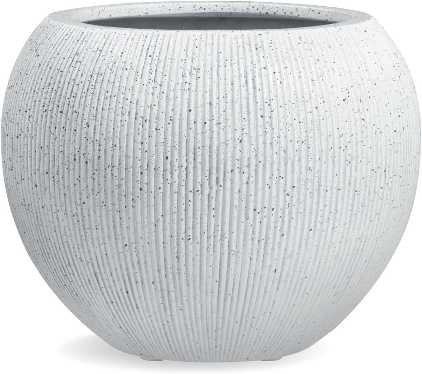 16"H x 20"D Globo Fiberstone Round Planter with Drainage Hole, Weather Resistant, Ribbed Finish, Planters for Indoor Plants & Outdoor, 2 Extra Coco Mats (Speckled White, 13.5" Pot Opening)-VerdiqueGarden