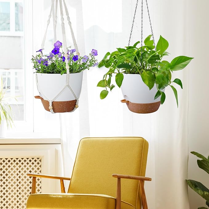 Self Watering Hanging Planters 10 inch, 2 Pack Hanging Baskets for Indoor Outdoor Plants, Hanging Flower Pots with Drainage Holes & 2 Kinds of Plant Hangers for Garden Home Décor, White Brown-VerdiqueGarden