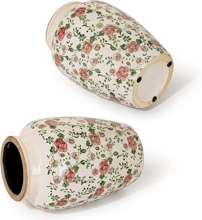 Sungmor Ceramic Flower Vase, Vintage Ice Cracked Glaze Porcelain Vase, Pretty Home Decor Vase for Flower Arrangement, Fresh Flowers, 10.2 Inch Tall Chinoiserie Pottery Vase, Pink Floral Pattern-VerdiqueGarden