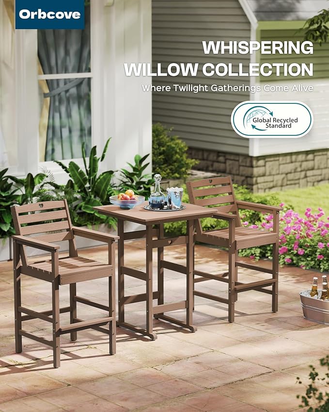 5-Piece Bar Height Outdoor Table and Chairs Set, HDPE Wood Grain Patio Bar Table and Chairs with Heart Cutout Design, Weather-Resistant Bar Height Furniture for Deck, Porch, Pool (Teak)-VerdiqueGarden