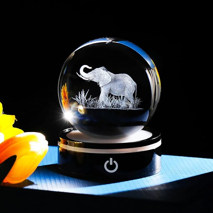 YWHL 3D Elephant Figurine Crystal Ball with Colorful Light Base, Elephant Gift for Women and Men on Christmas or Birthday, 3D Laser Engraved Full Sphere Glass Decorative Ball for Home or Office (80mm)-VerdiqueGarden