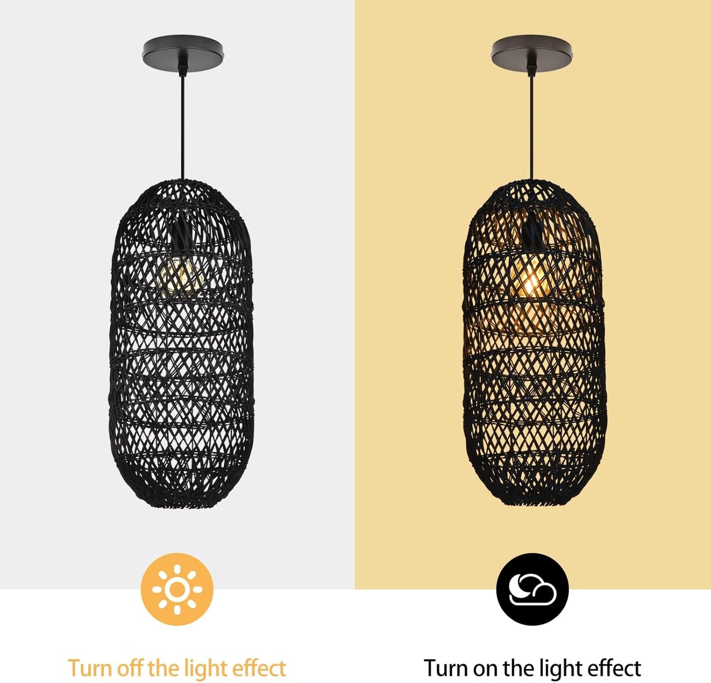 Arturesthome 1 Light Rustic Rattan Basket Pendant Light Fixture, Boho Wicker Chandelier Lamp Black, Coastal Handmade Crafts Lampshade, Farmhouse Hanging Ceiling Lighting for Dining Kitchen-VerdiqueGarden