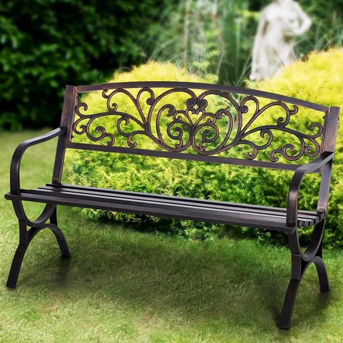 PHI VILLA 50Inch Cast Iron Steel Frame Garden Bench Patio Furniture Chair Outdoor Bench w/Floral Design Backrest, Slatted Seat for Park, Yard & Porch, Bronze-VerdiqueGarden