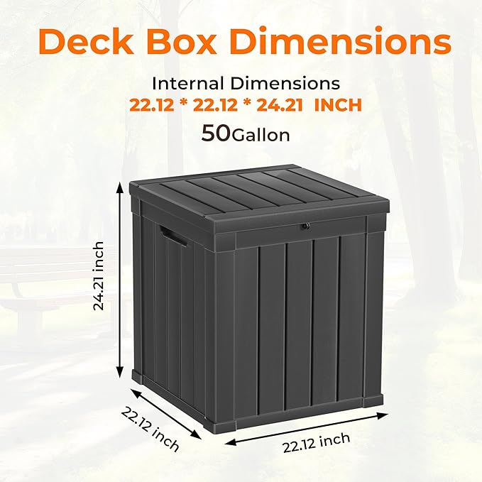 48 Gallon Outdoor Storage Box, Waterproof Resin Deck Box for Patio, Pool, and Garden, Lockable Bin for Cushions, Tools, and Accessories, UV-Resistant, Black-VerdiqueGarden
