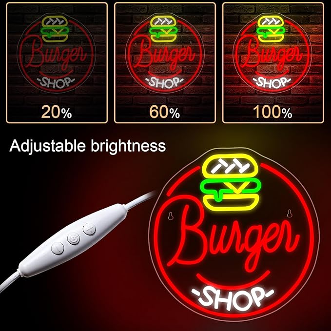Hamburger Shop Neon Sign Hamburger Neon Signs for Wall Decor Dimmable Hamburger Neon Lights LED Light Up Sign for Hamburger Shop,Bar,Restaurant,Food Shop,Pub Decoration-VerdiqueGarden