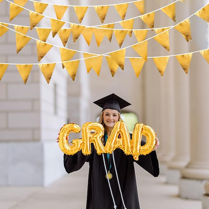 Gold Party Decorations Metallic Fabric Triangle Pennant Banner Gold Flag Bunting Garland for Graduation Birthday Wedding Anniversary Bridal Shower Bachelorette Engagement Hen Party Decoration Supplies-VerdiqueGarden