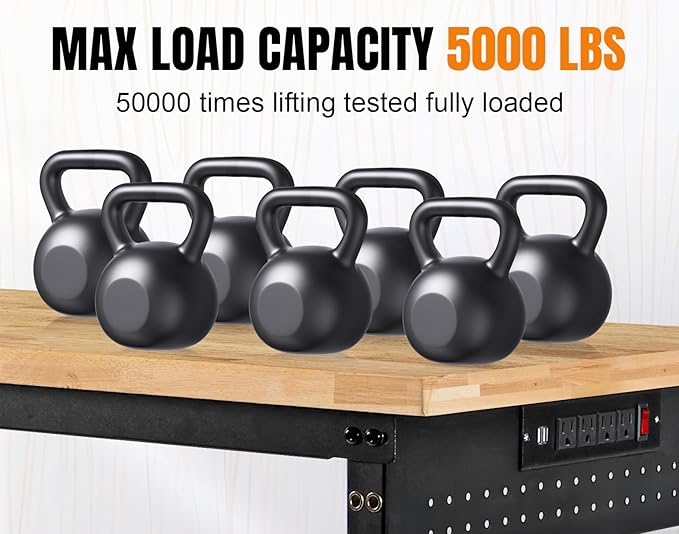 96”Adjustable Work Bench, 5000 LBS Capacity Heavy Duty Workbench with Power Outlet & Pegboard, Rubber Wood Work Table for Garage, Workshop, Office, Home-VerdiqueGarden