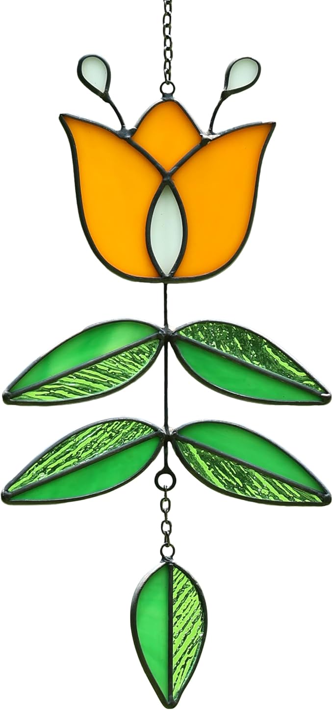 Tulip Stained Glass Suncatcher, Valentines Day Gifts, Folk Flower Stained Glass Window Hanging Sun Catcher, Retro Home Decor, Window Decorations for Plant Lovers, 9.4" x 4.7"-VerdiqueGarden