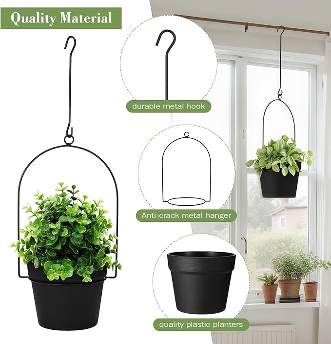 Hushee 6 Packs Metal Hanging Planters for Outdoor Indoor Plants Plant Hanger with 6.3'' Plastic Pots Hanging Planter Basket for Garden Home Porch Decor-VerdiqueGarden