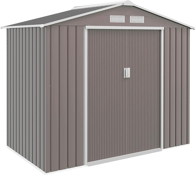 Outsunny 7' x 4' Outdoor Storage Shed, Garden Tool Metal Shed with Foundation Kit, Double Lockable Door, Air Vents and Sloping Roof, for Backyard, Patio, Lawn, Gray-VerdiqueGarden