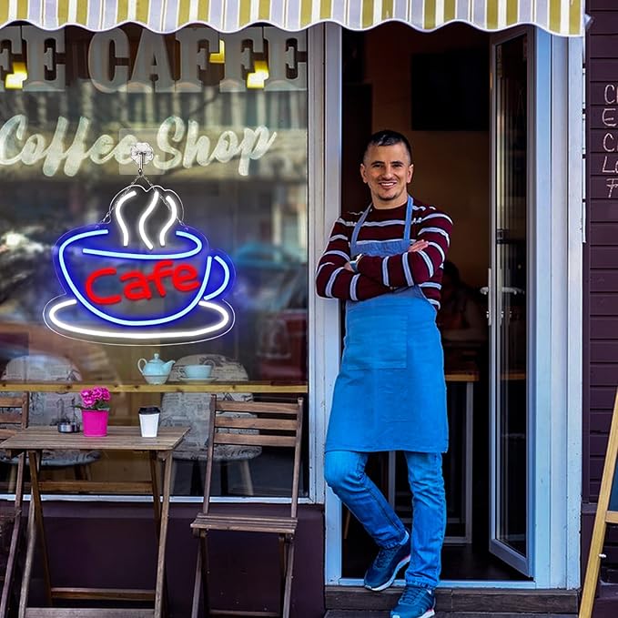 Cafe Neon Sign for Coffee Bar Pub Decor,Blue Wall Art Decoration For Restaurant Living room,Led Light of Cafe,USB Power Supply With Metal Chain.-VerdiqueGarden