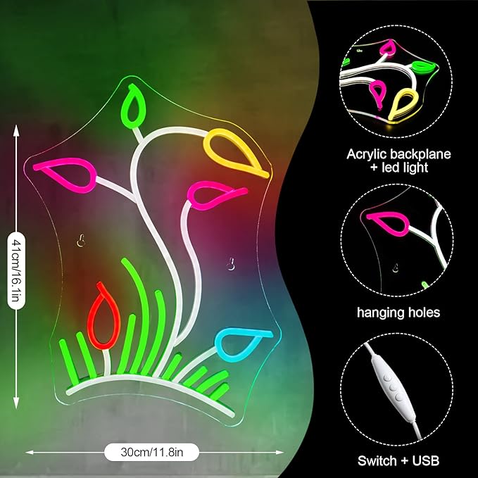 Flower Grasslands Neon Signs Tulips LED Neon Light for Wall Decor Flowers Shaped Light up Sign for Bedroom, Christmas Gift, Shop, Teen Room, lorists,Dormitory-VerdiqueGarden