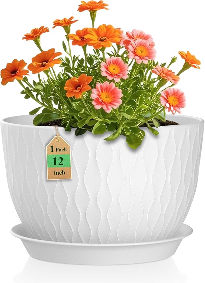 12 Inch Large Plant Pots for Indoor or Outdoor Plants, Wide Water Ripples Flower Pots with Drainage Holes & Saucer, Plastic Planters Set for Garden & Home Decor (White)-VerdiqueGarden