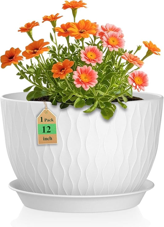 12 Inch Large Plant Pots for Indoor or Outdoor Plants, Wide Water Ripples Flower Pots with Drainage Holes & Saucer, Plastic Planters Set for Garden & Home Decor (White)-VerdiqueGarden