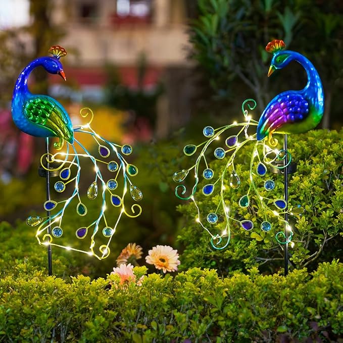 DREAMSOUL 2 Pack Peacock Solar Lights Outdoor, Waterproof Metal Peacock Outdoor Solar Lights for Yards Pathway Lawn Decoration Peacock Gifts-VerdiqueGarden