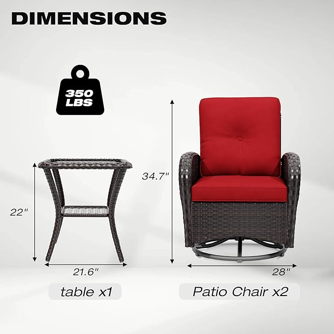 Joyside Outdoor Swivel Rocker Chairs, 3 Piece Wicker Patio Set with Thick Cushion and Side Table, Rattan Patio Swivel Rocking Chairs for Porch, Deck Use (Brown/Red, 3 PCS)-VerdiqueGarden