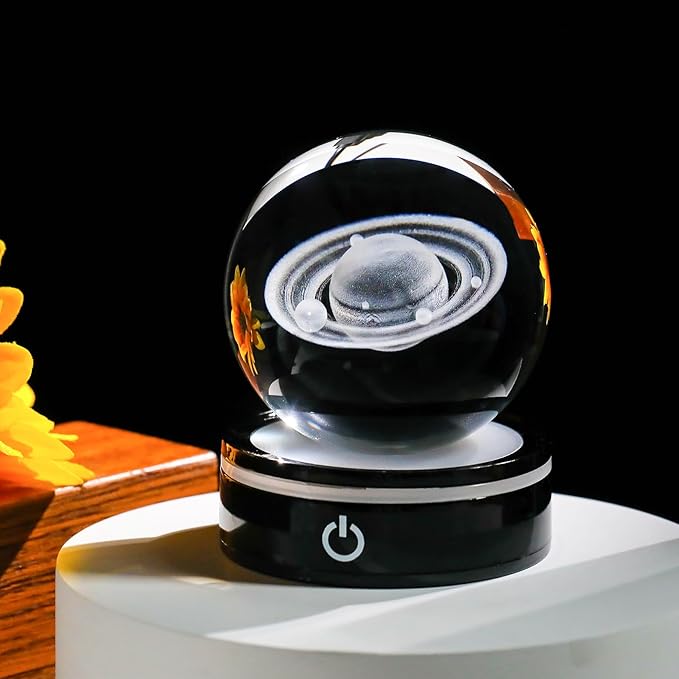 YWHL 3D Crystal Ball with LED Light Base, 3D Laser Engraved Glass Sphere Galaxy Crystal Ball for Home Decorations, Planet Saturn Lamp Gifts for Mother's Day Birthday Christmas (80mm)-VerdiqueGarden