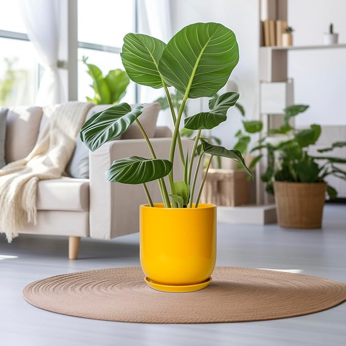 12 Inch Pots for Plants - Ceramic Planter for Outdoor Plants Large Plant Pot Indoor with Drainage Hole Modern Flower Pot for Home Patio Office Decor Yellow-VerdiqueGarden