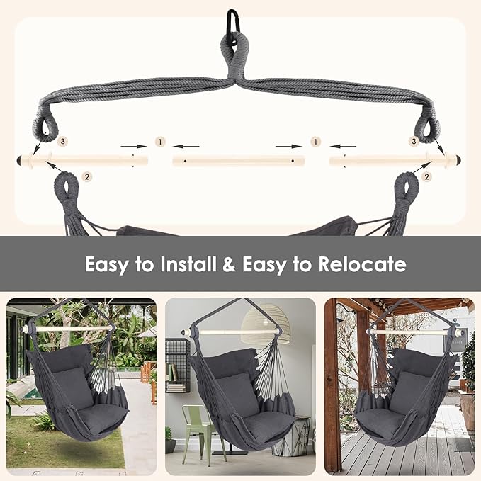 Highwild Hammock Chair Hanging Rope Swing - Max 500 Lbs - 2 Cushions Included - Steel Spreader Bar with Anti-Slip Rings - for Any Indoor or Outdoor Spaces (Grey)-VerdiqueGarden