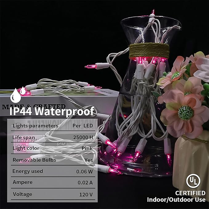 Pink LED Christmas Lights - 35 Count Pink Christmas String Lights for Small Tree, Crafts, Bedroom, Wedding, Indoor and Outdoor Valentines Day Decorations, 11 Feet White Wire, UL Certified, Connectable-VerdiqueGarden