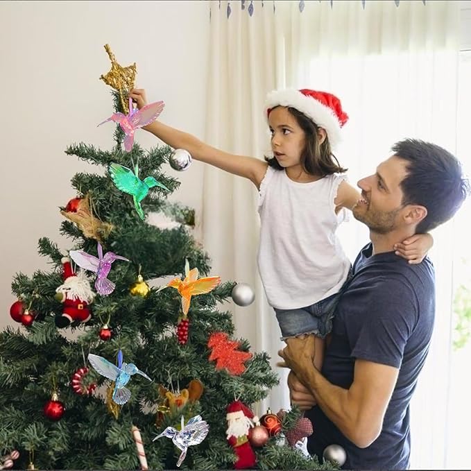 6 Pcs in 6 Colors Set Shiny Iridescent Hummingbird Hanging Ornaments with Suction Cup, Clear Acrylic Crystal Art Hummingbird Figurines Pendants Decorations for Christmas Xmas Tree.-VerdiqueGarden