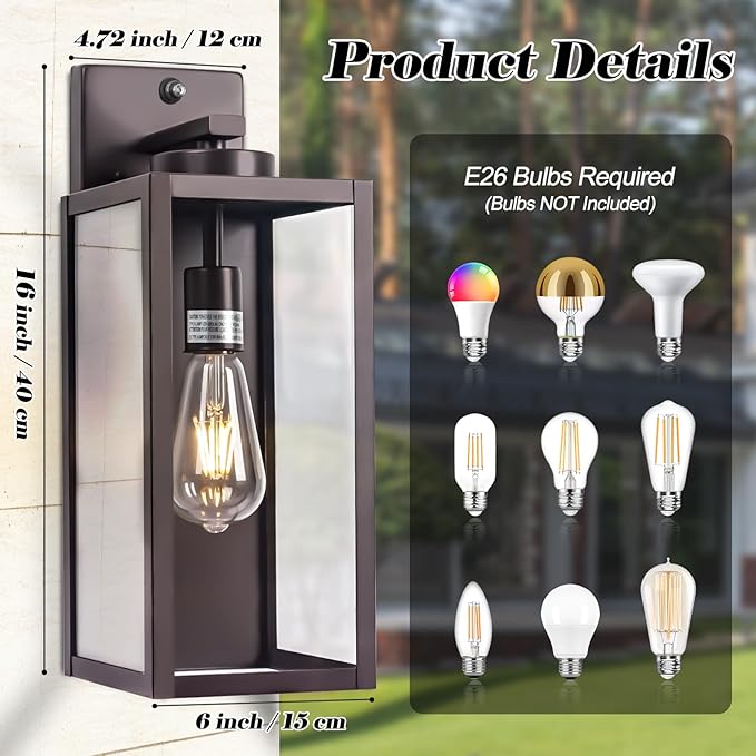 Oil-Rubbed Bronze Dusk to Dawn Outdoor Wall Light, Large 16" Exterior Wall Lantern Waterproof, Brown Farmhouse Porch Sconce, Modern Wall-Mounted Outside Light Fixture for House Garage, Patio Lamp-VerdiqueGarden