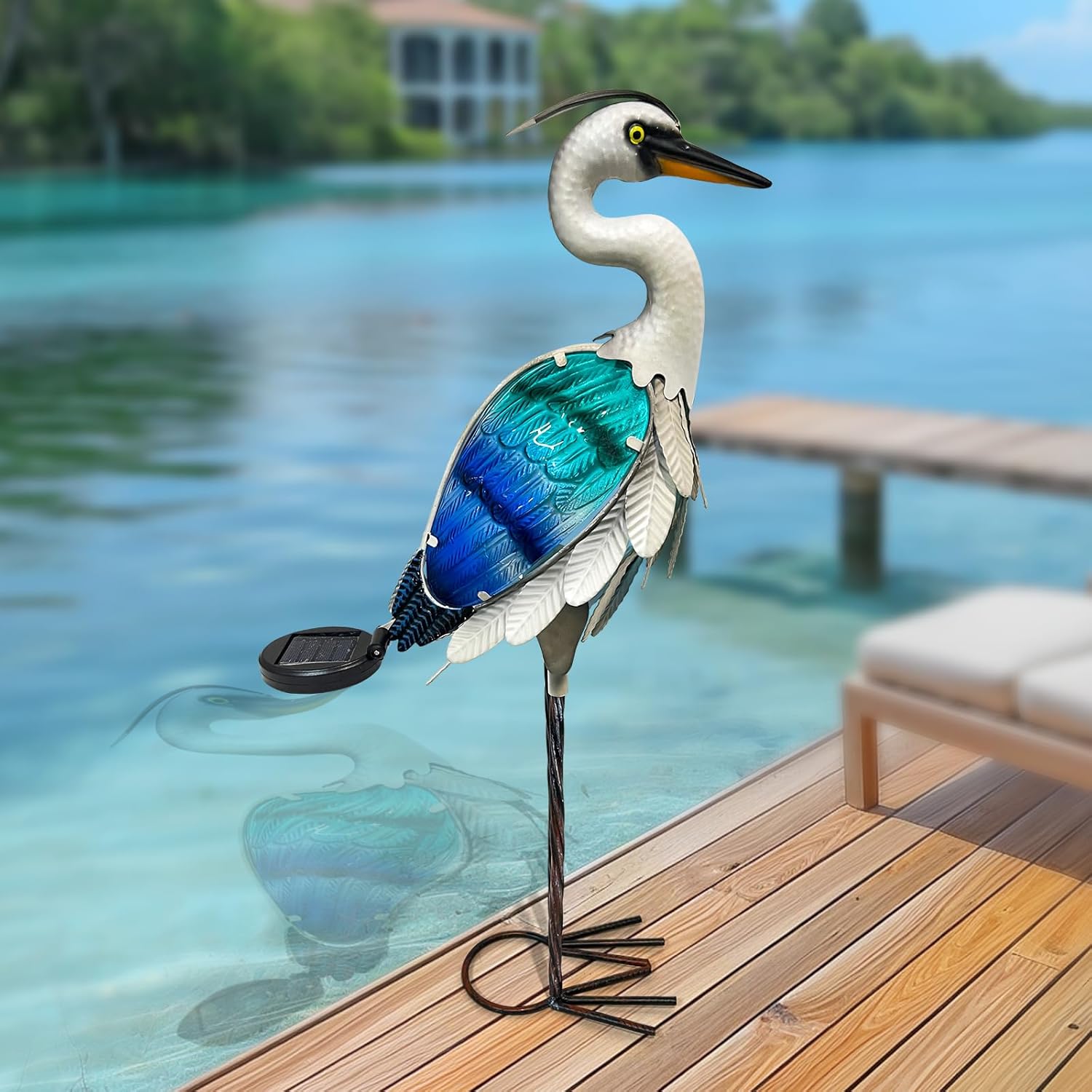 HONGLAND Solar Metal Crane Statue Garden Heron Sculpture, Glass Outdoor Heron Yard Art Coastal Ocean Bird Decor Lawn Ornament for Backyard Porch Patio Decor（24 Inch）-VerdiqueGarden