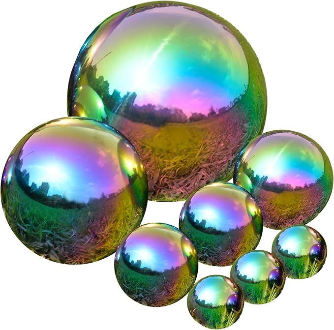 Nerien Gazing Ball, Stainless Steel Garden Mirror Globe, Polished Ornament Sphere, Hollow Floating Reflective Hemisphere, for Home Outdoor Pond Housewarming Swimming Pool Decoration, Rainbow, 8Pcs-VerdiqueGarden