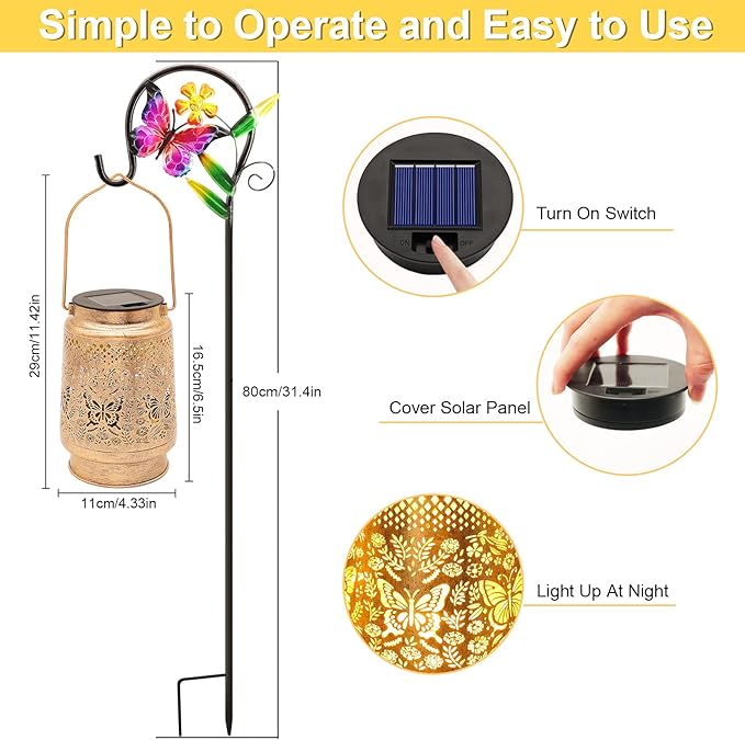 Solar Lanterns Outdoor Garden Decor Butterfly Hanging Lantern Lights, Birthday Gifts for Women Mom Grandma Waterproof Metal Solar Lights LED Decoration with Shepherd Hook for Garden Yard Patio Porch-VerdiqueGarden