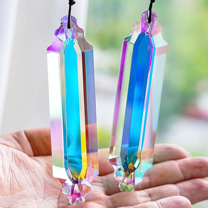 HDCRYSTALGIFTS 2 Pack 5" Large Crystal Suncatcher Prisms,AB Crystals for Sun Catchers,Rainbow Maker Hanging Prisms for Windows,Room,Chandelier,Garden Home Decor-VerdiqueGarden