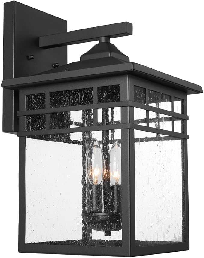 Outdoor Light Fixture Wall Mount, Black Exterior Light Fixture Wall Sconces with Seeded Glass for Front Porch, Large Waterproof Outdoor Square Wall Lantern Outside for House Doorway-VerdiqueGarden