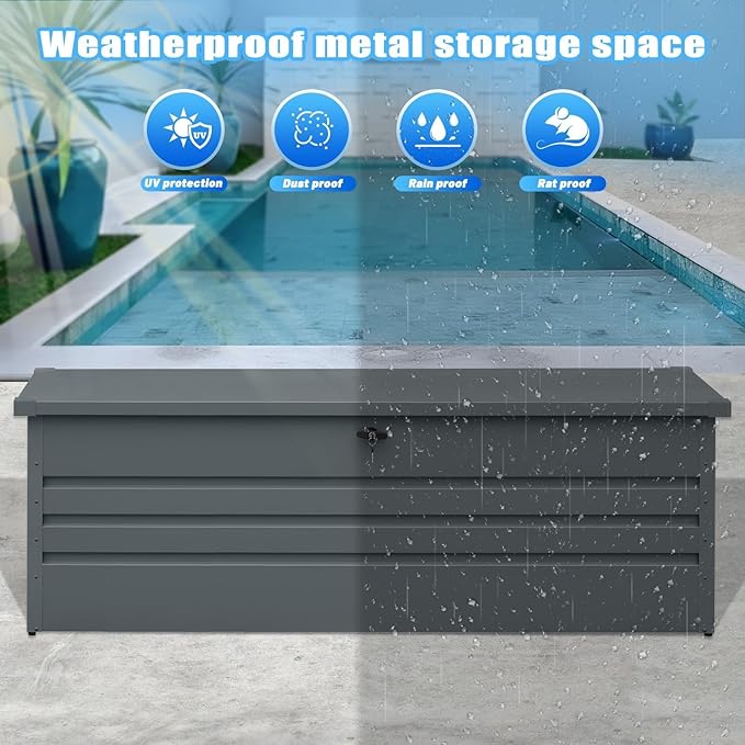 260 Gallon Metal Outdoor Storage Box Waterproof, Extra Large Deck Box and Patio Cushion Box for Storing Gardening Tools, Pool Supplies-VerdiqueGarden
