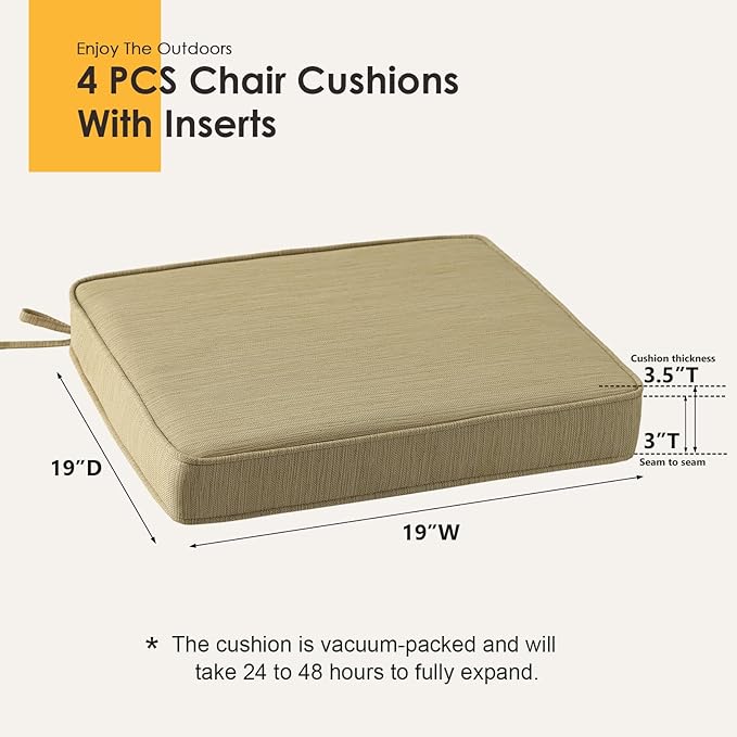 Outdoor Square Corner Seat Cushion, 19"x19"x3", Set of 4, Non Slip Seat Cushion Pads with Removable Cover for Patio Furniture, Garden Yard Lawn, Warm Taupe-VerdiqueGarden