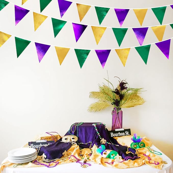 Mardi Gras Party Decorations Purple Green and Gold Metallic Fabric Triangle Pennant Banner Flag Hanging Bunting Garland for Birthday Wedding Baby Shower Bridal Shower Holiday Masquerade Party Supplies-VerdiqueGarden