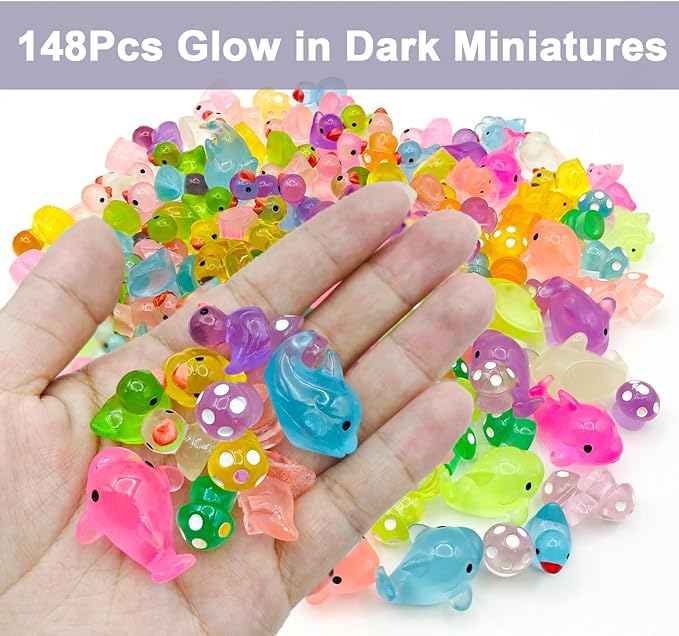 148Pcs Luminous Mini Resin Animals, Tiny Ducks Glow in The Dark Dolphins Dinosaurs Mushrooms 4 Combination Resin Set, Miniature Figures for Garden Decoration Aquarium Home Party Decor-VerdiqueGarden