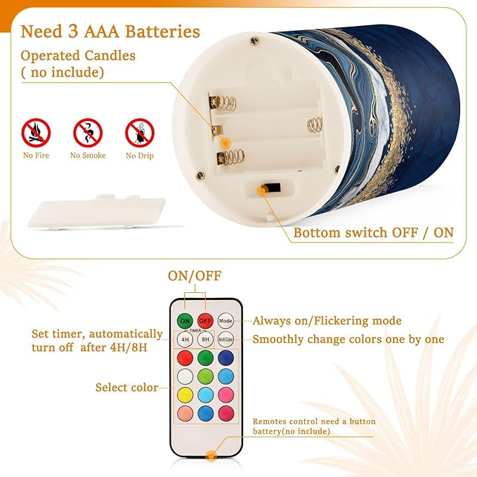 Flickering Flameless Candles, Navy Blue Marble Golden Veins LED Candles with Remote Timer, Set of 2 Battery Operated Candle for Valentine Wedding Birthday-VerdiqueGarden