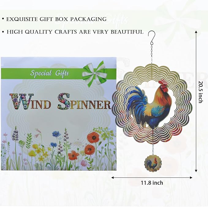 Rooster Wind Spinners 3D Hanging Wind Spinner Outdoor Clearance for Yard and Garden Decor 12inch Chicken Gifts for Women Mom-VerdiqueGarden