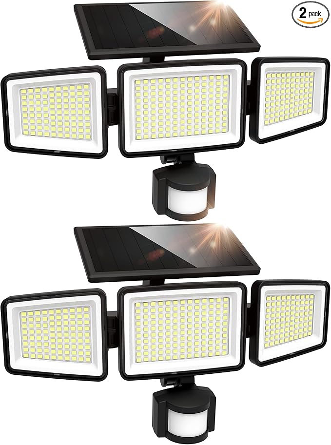 UME Solar Outdoor Lights 302 LED 3000LM, IP65 Waterproof Motion Sensor Outdoor Lights, 3 Heads Solar Security Flood Lights 270 Wide Lighting Angle with 3 Modes for Garden Patio Yard - 2 Pack-VerdiqueGarden