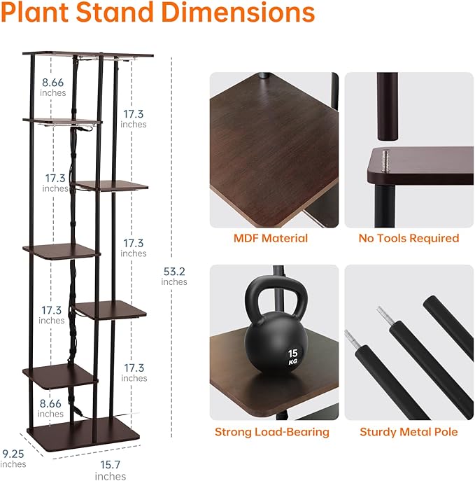Indoor Plant Stand with Grow Lights , 7 Tier Corner Wooden Tall Grow Light Stand for Indoor Plants , Full Spectrum Dimmable 50W(5x10W) LED Grow Light Panel with Timer for Garden , Living Room-VerdiqueGarden