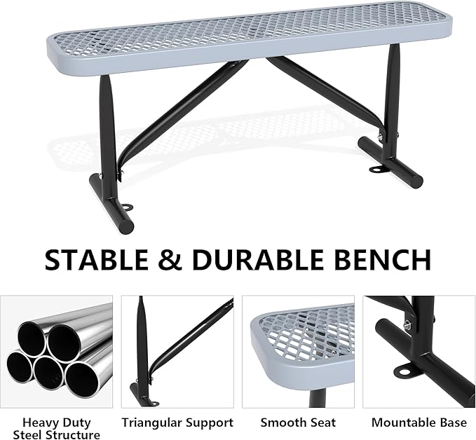 48" L Outdoor Steel Flat Bench, Heavy Duty Metal Park Bench for Outside, Expanded Metal, Commercial Benches Mesh Bench for Shopping Mall, Store, Lawn, Park, Patio, Deck, Garden (Grey, 4FT)-VerdiqueGarden