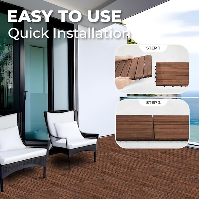 Pack of 10 Deck Tiles - 12"x12" Interlocking Natural Solid Acacia Wood for Outdoor & Indoor, Patio Garden, Balcony, Poolside - Brown Color-VerdiqueGarden