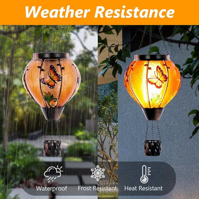 Starsoul Butterfly Hot Air Balloon Solar Lantern with Flickering Flame Light Glass Solar Powered Hot Air Balloon Lamp Waterproof Hanging Outdoor Solar Lantern for Yard Porch Backyard Decor-VerdiqueGarden