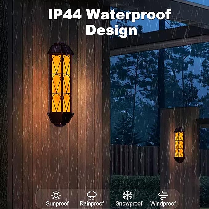 KINGLEAD 4 Pack Flickering Flame Solar Wall Lights - Outdoor Waterproof, Sensor with 2 Lighting Modes, Vintage for House Garden Porch Backyard Patio-VerdiqueGarden