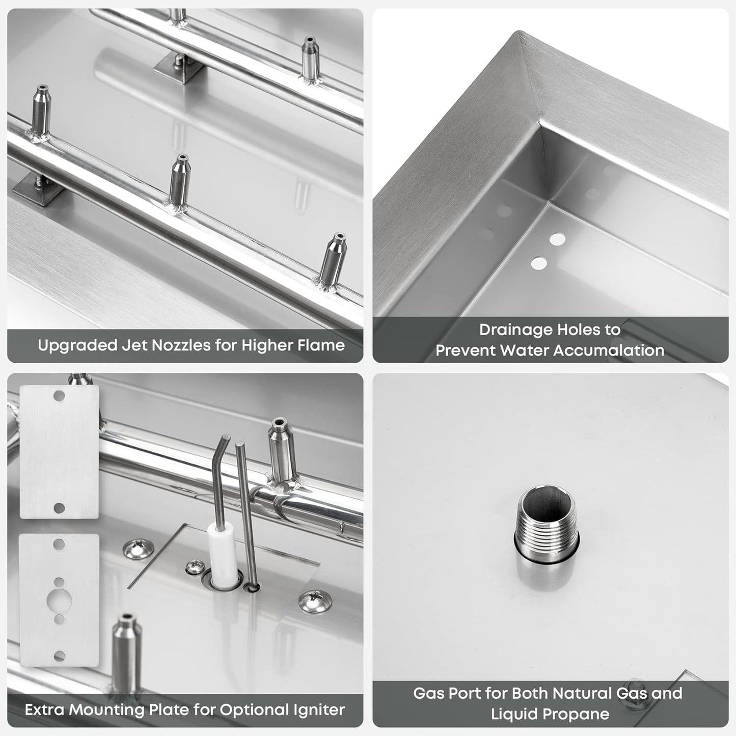 Stanbroil 24" x 8" Upgrade Rectangle Fire Pit Jet Burner Pan, 304 Stainless Steel Natural & Propane Gas Firepit for Outside, High Flame, 90k BTU Max-VerdiqueGarden