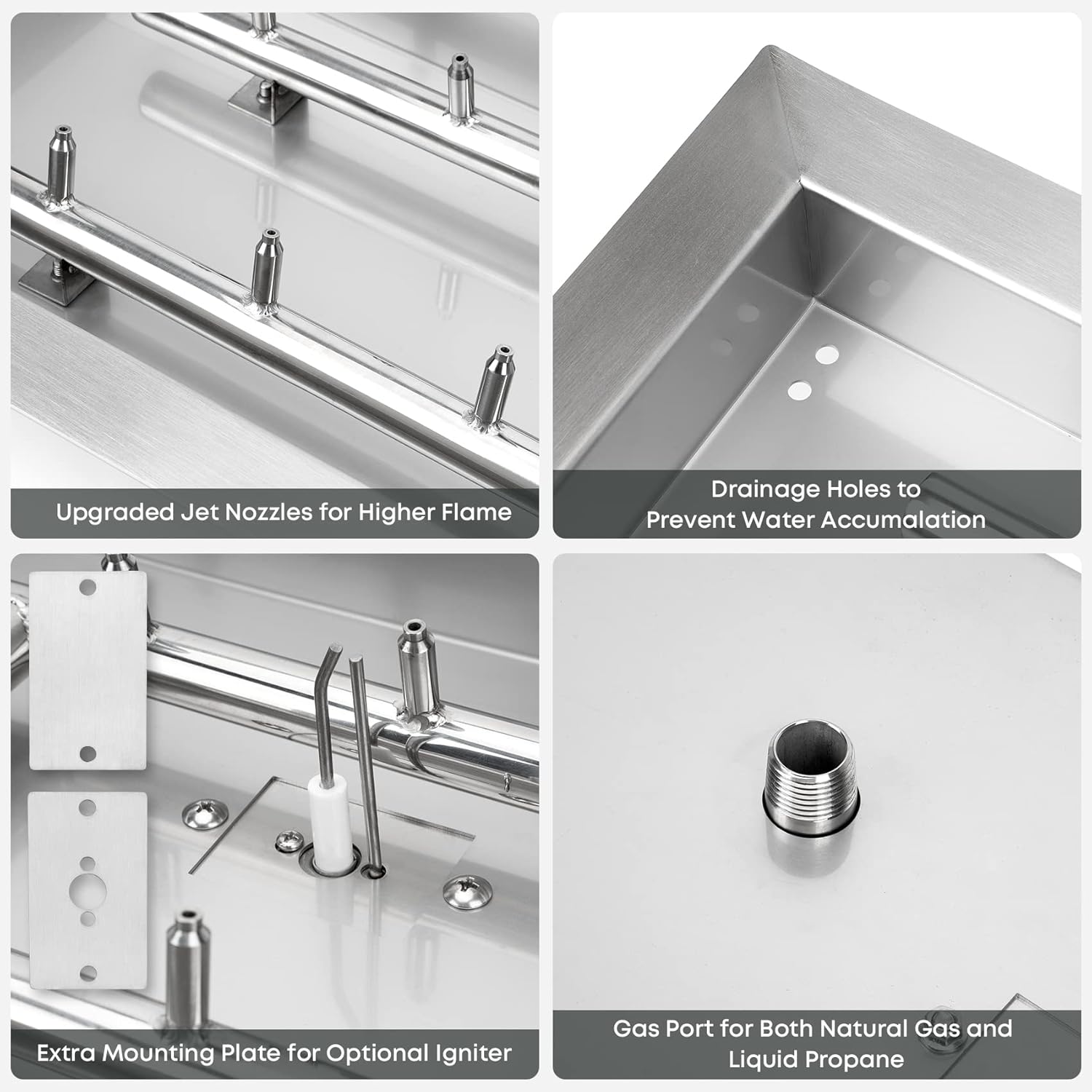 Stanbroil 24" x 8" Upgrade Rectangle Fire Pit Jet Burner Pan, 304 Stainless Steel Natural & Propane Gas Firepit for Outside, High Flame, 90k BTU Max-VerdiqueGarden