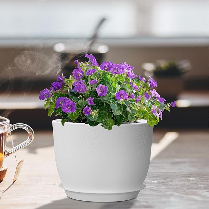 12 inch Large Plant Pots, Plastic Planters with Drainage Holes and Saucers, Flower Pots for Indoor Outdoor Plants, Modern Decorative Pots for Garden House Plants, White-VerdiqueGarden