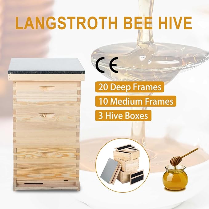 CREWORKS Bee Hive Boxes Starter Kit, 3 Layer Bee House with 10 Medium and 20 Deep Frames & Foundations, Langstroth Beehive for Bee Keeping, Beekeeping Supplies with Plastic Queen Excluder and Nails-VerdiqueGarden